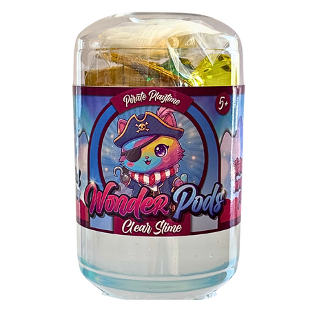 A clear plastic jar of Wonder Pods Clear Slime with a colorful pirate-themed label featuring a cartoon cat in a hat. The jar is filled with clear slime and contains small wrapped surprise pods visible through the top.
