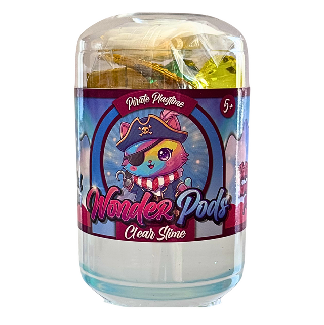 A clear plastic jar of Wonder Pods Clear Slime with a colorful pirate-themed label featuring a cartoon cat in a hat. The jar is filled with clear slime and contains small wrapped surprise pods visible through the top.