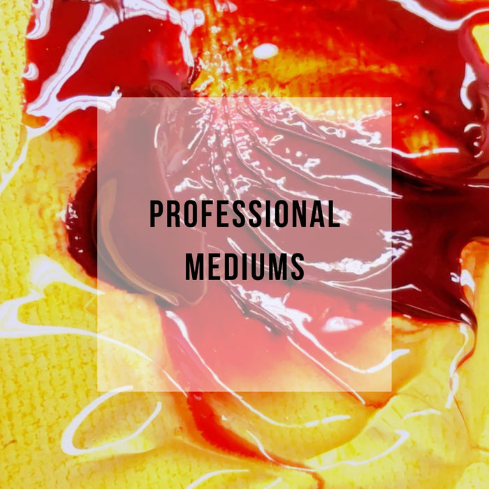 Red and yellow paint mixed with a glossy medium and text overlay 'PROFESSIONAL MEDIUMS'.