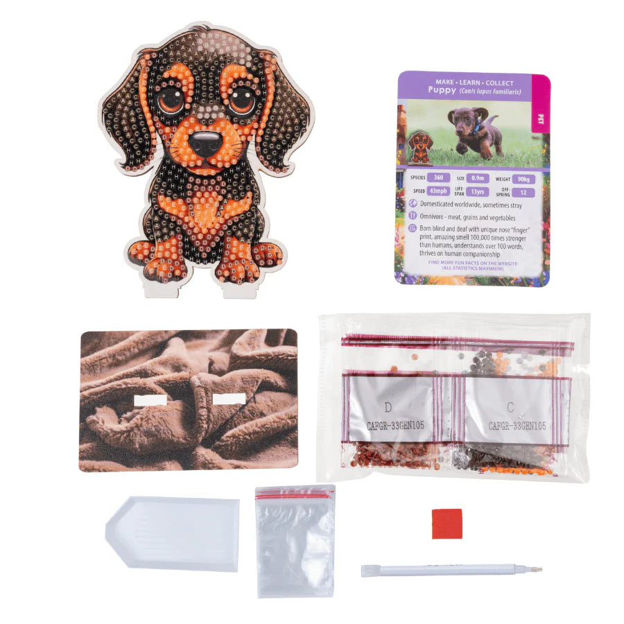 diamond painting kit, card, and packaging on a white background.