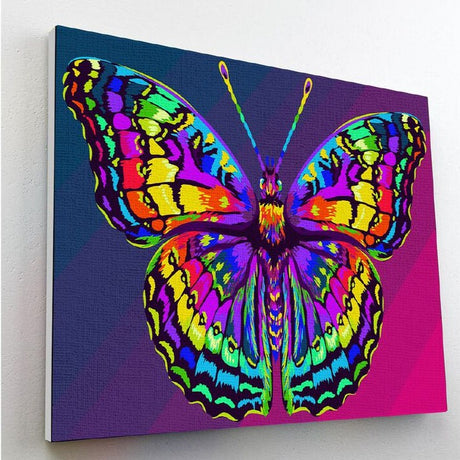 Colorful butterfly artwork on a white wall