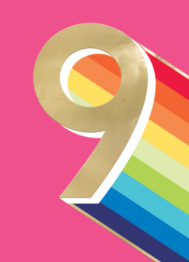 Happy Birthday Card & Envelope Girl Age 9 - Rainbow 9 On Pink
