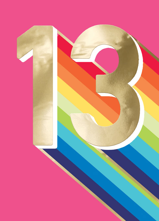 Happy Birthday Card & Envelope Age 13 Rainbow On Pink