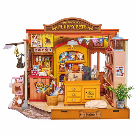 A wooden pet store playset with a detailed miniature shop facade, counter, shelves, hanging accessories, and a small plant, shown on a plain white background.