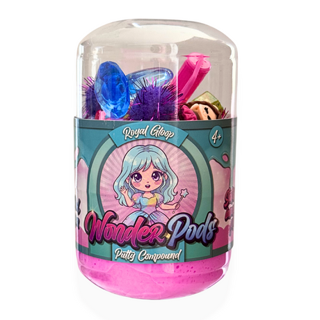 Wonder Pods putty Compound in a clear plastic jar with a colorful label featuring a cartoon character and the brand name 'Royal Gloop'.