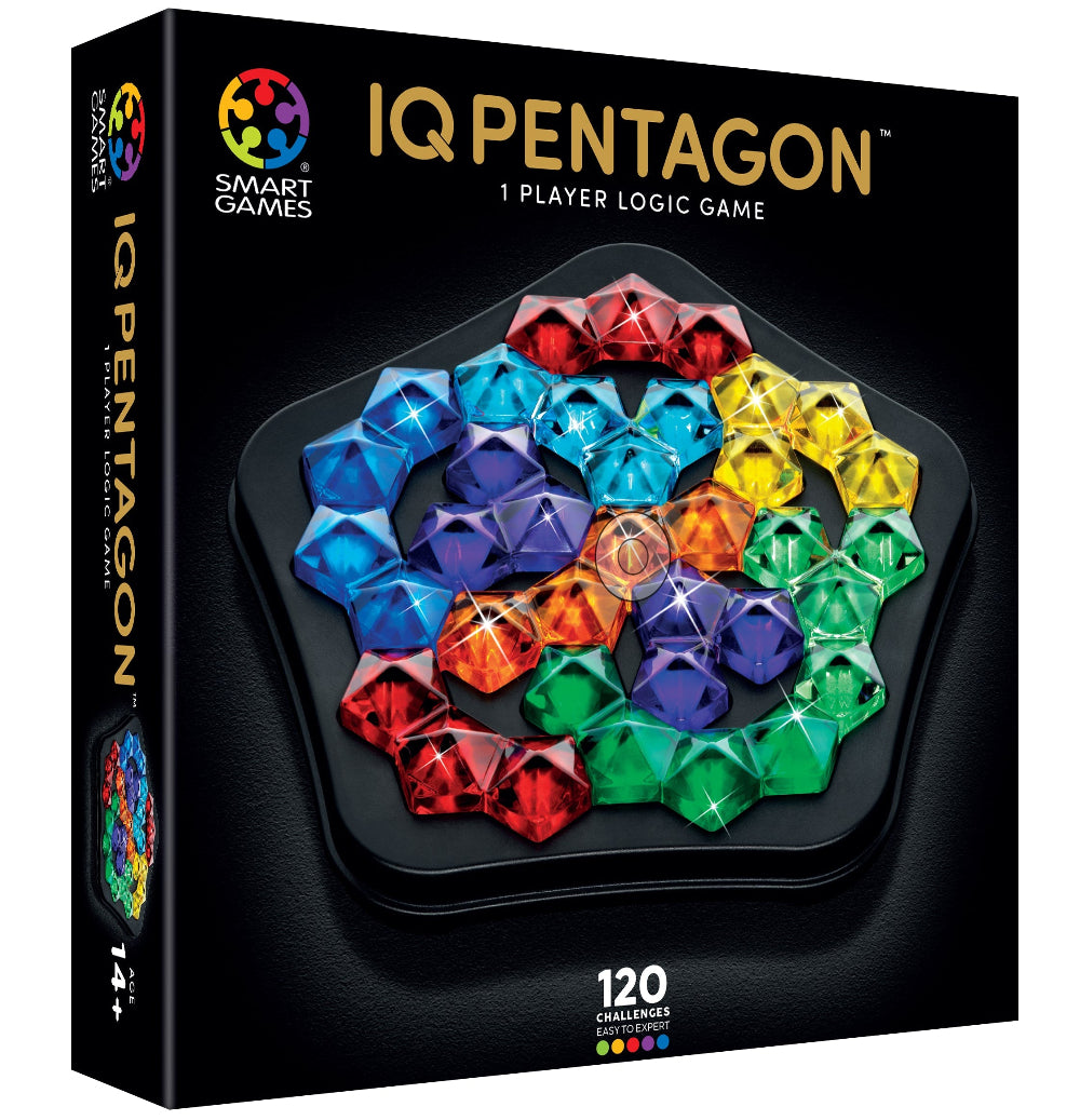 IQ Pentagon 1 Player Logic Game box by Smart Games, featuring a black box with a colorful gem-like pentagon design on the front and side panels.