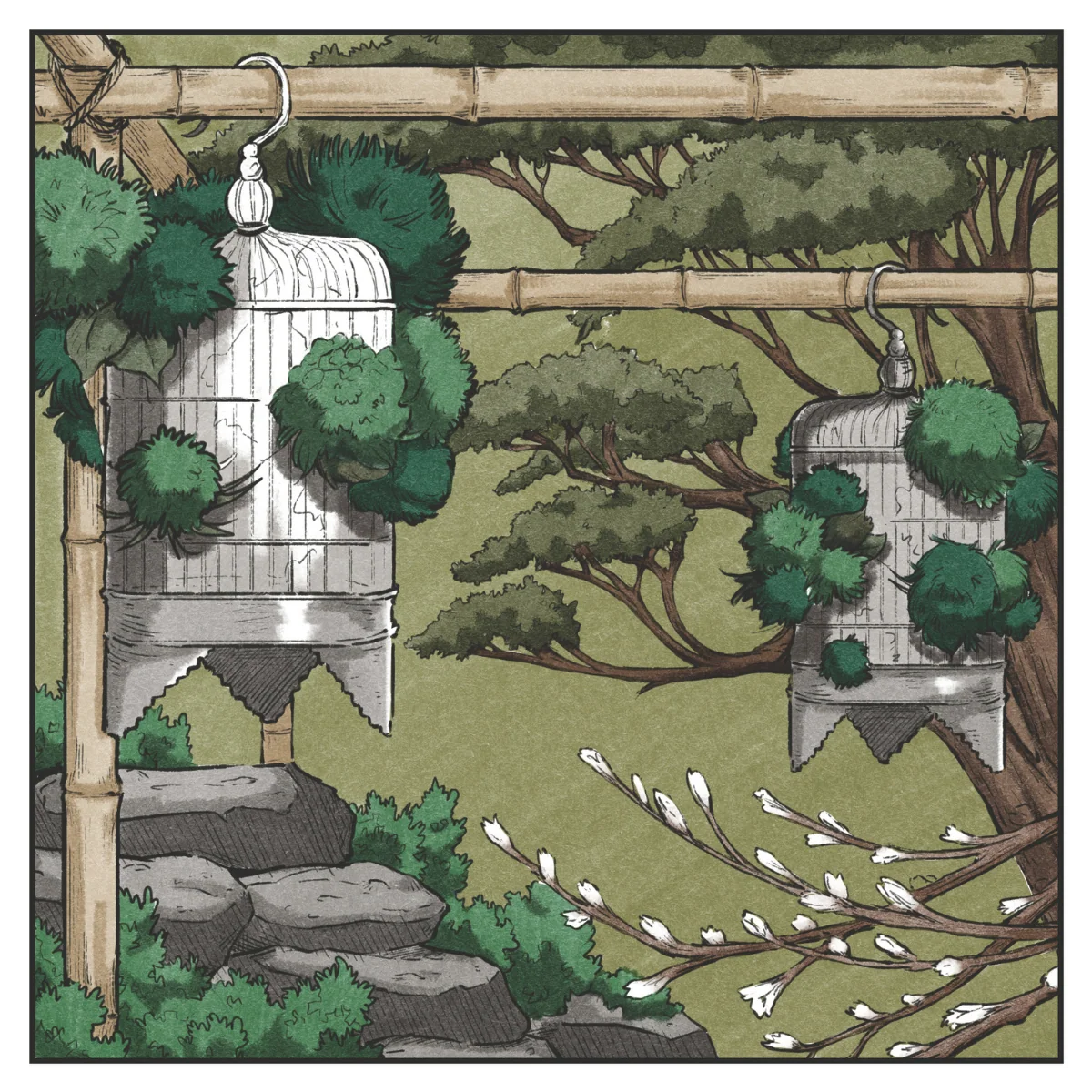 A square decorative illustration showing two white hanging birdcages with green foliage, suspended from bamboo posts in a garden scene with trees, rocks, and white blossoms.