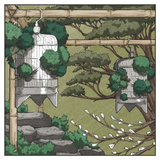 A square decorative illustration showing two white hanging birdcages with green foliage, suspended from bamboo posts in a garden scene with trees, rocks, and white blossoms.