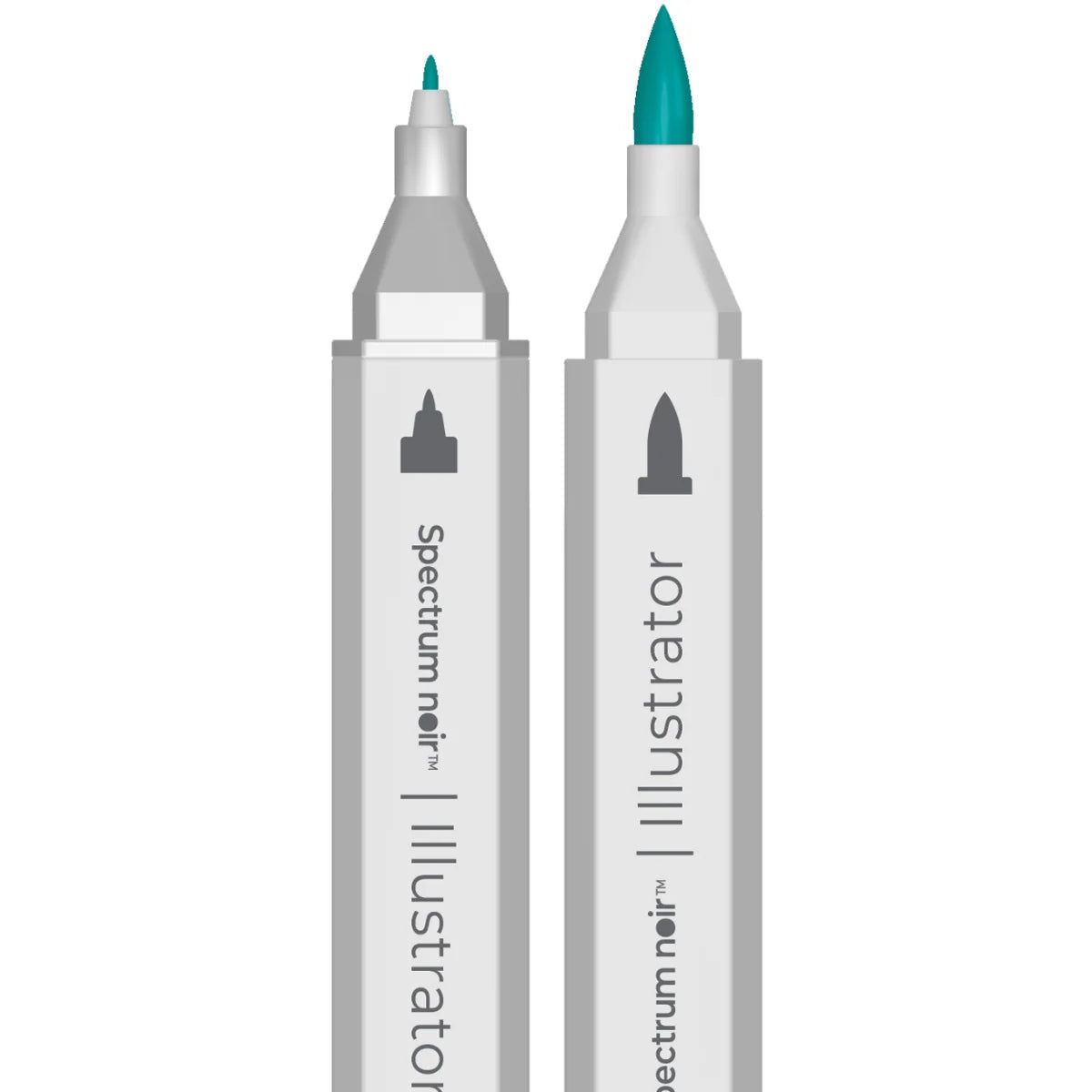 Two marker pens shown upright on a white background, with gray barrels and teal tips. The left pen is labeled Spectrum Noir Illustrator, and the right pen shows the same branding.