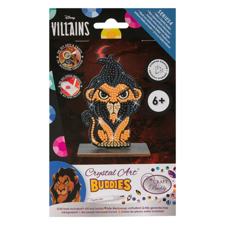 Packaged Disney Villains Crystal Art Buddies craft kit with character illustration on a white background