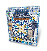 Wooden art craft kit packaging for creating Sicilian tiles with blue and yellow patterns.