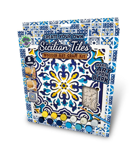 Wooden art craft kit packaging for creating Sicilian tiles with blue and yellow patterns.