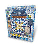 Wooden art craft kit packaging for creating Sicilian tiles with blue and yellow patterns.