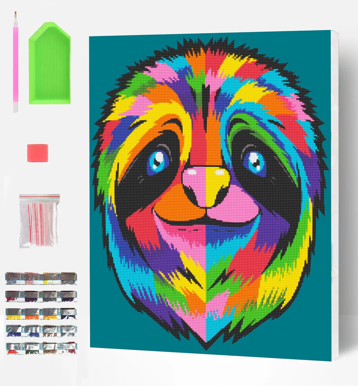 Colorful sloth painting kit with paint swatches and tools on a white background