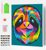 Colorful sloth painting kit with paint swatches and tools on a white background