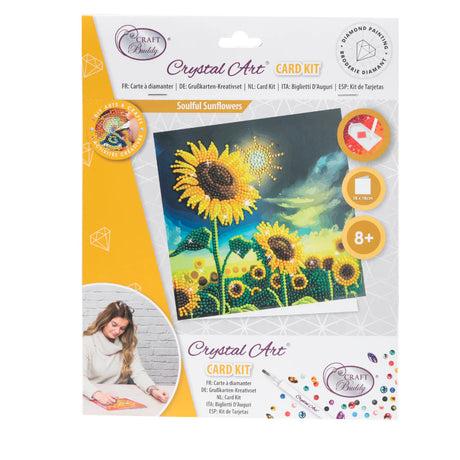 Crystal Art Card Kit packaging with sunflower design and crafting image on a white background