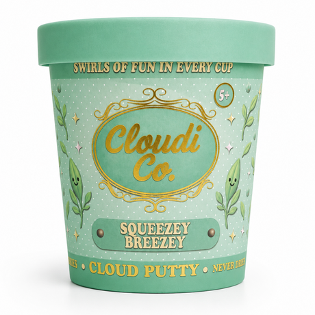 A mint green pint bucket of Cloudi Co. Squeezey Breezey Cloud Putty ice cream, featuring gold lettering and cute green character illustrations on a white background.