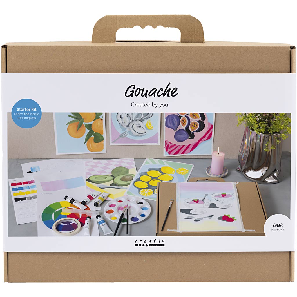 Gouache art starter kit packaging with illustrations of art supplies and artworks.