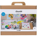 Gouache art starter kit packaging with illustrations of art supplies and artworks.