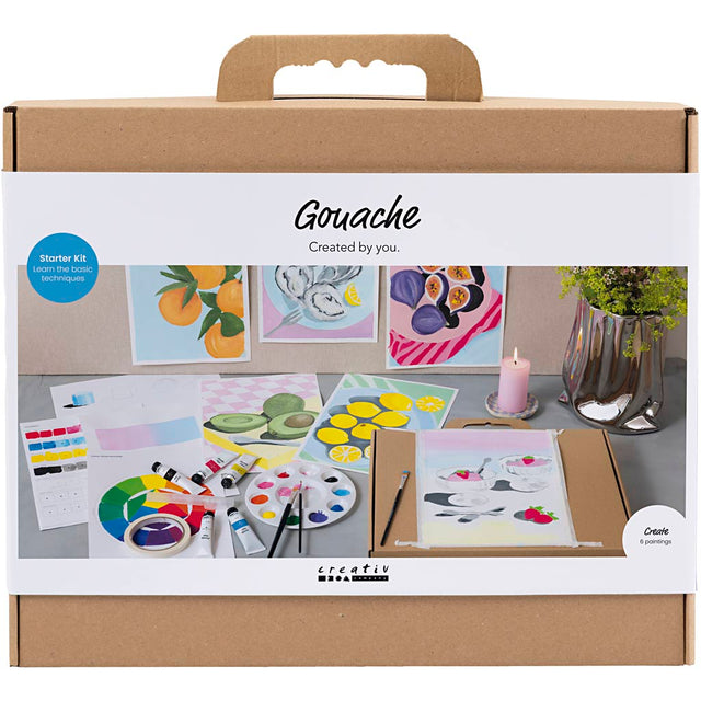 Gouache art starter kit packaging with illustrations of art supplies and artworks.