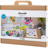 Gouache art kit packaging with paint samples and tools on a white background