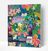 Diamond painting kit with colorful floral design on a blue background