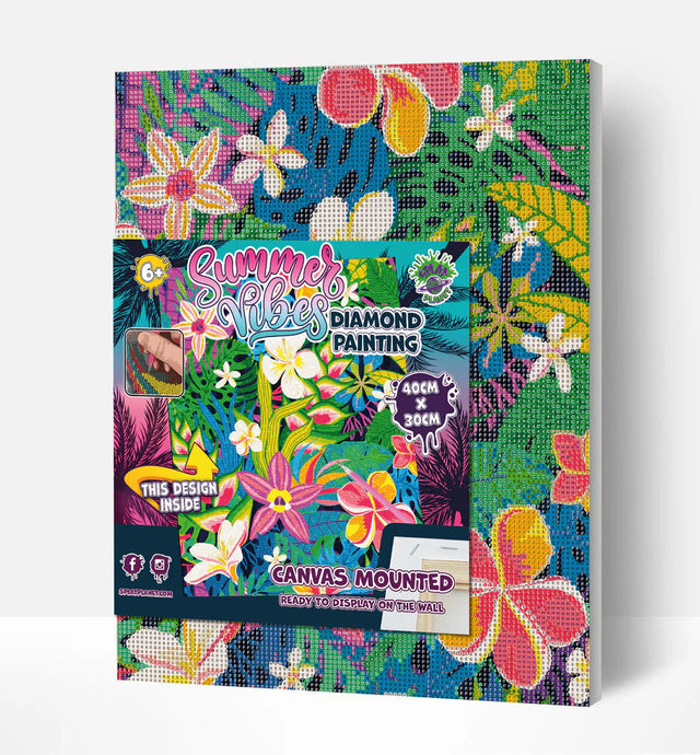 Diamond painting kit with colorful floral design on a blue background