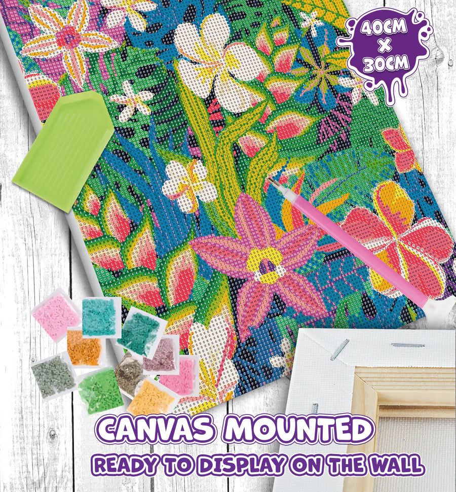 A colorful floral canvas diamond painting or embroidery design, shown mounted on a white wooden wall with a small frame and paint swatches nearby. Text reads 'CANVAS MOUNTED' and 'READY TO DISPLAY ON THE WALL,' with a purple badge noting '40CM x 30CM.