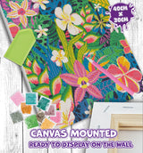 A colorful floral canvas diamond painting or embroidery design, shown mounted on a white wooden wall with a small frame and paint swatches nearby. Text reads 'CANVAS MOUNTED' and 'READY TO DISPLAY ON THE WALL,' with a purple badge noting '40CM x 30CM.