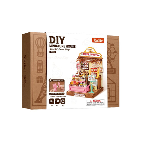 Rolife DIY miniature house kit packaging with a donut shop model on a white background