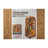 Rolife Book Nook & Wonderland packaging with wooden bookshelf design on a white background