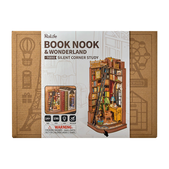 Rolife Book Nook & Wonderland packaging with wooden bookshelf design on a white background