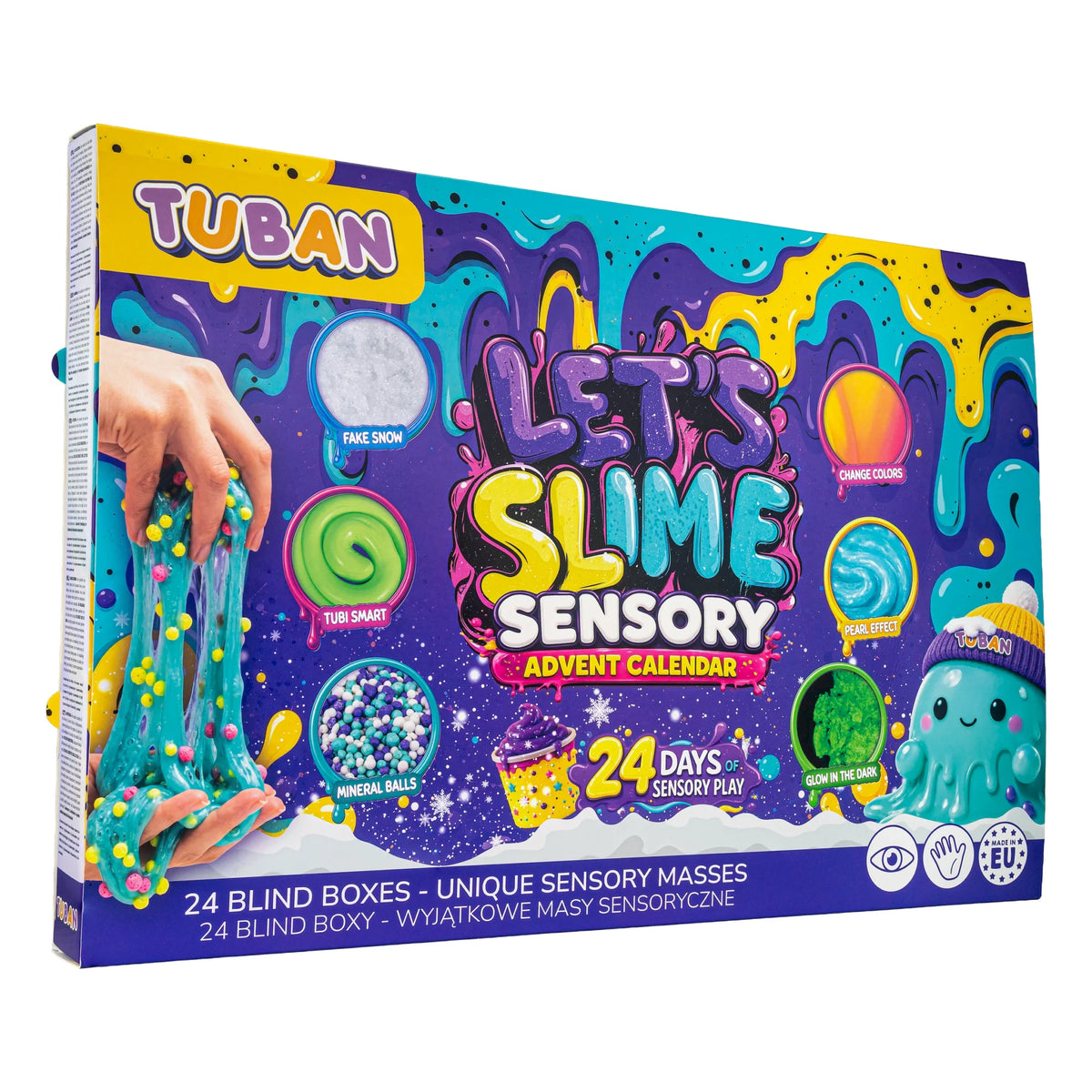 TUBAN Let's Slime Sensory Advent Calendar box, featuring a colorful, playful design with slime textures, a cartoon octopus, and a hand stretching teal slime on the front.