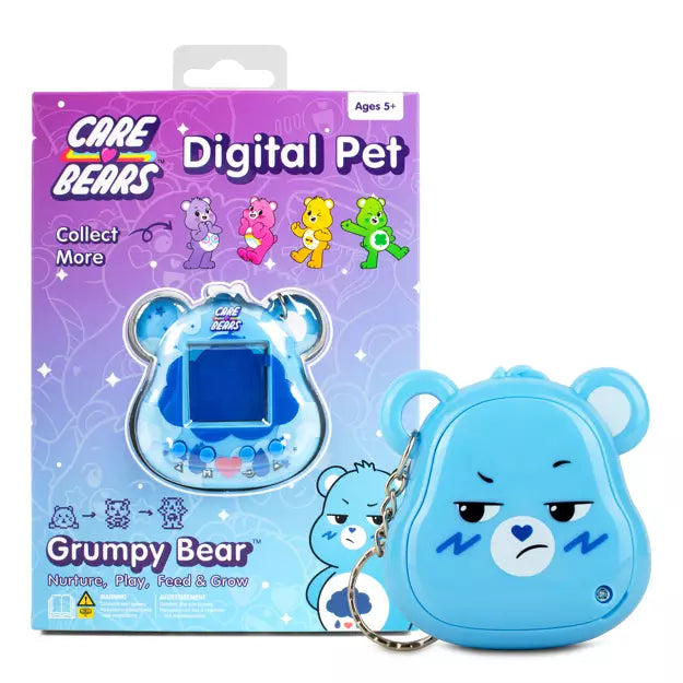 Blue 'Grumpy Bear' digital pet with packaging featuring Care Bears branding.