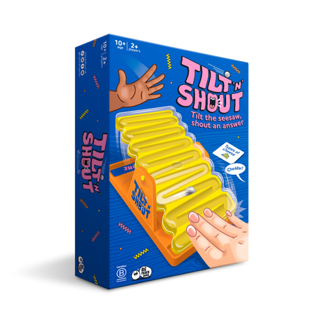 Box of Tilt 'N Shout game with blue background and yellow seesaw