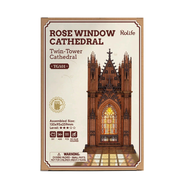 Rose Window Cathedral model packaging with cathedral illustration on a beige background