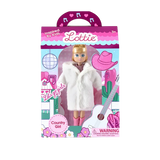 Lottie doll packaging with a doll wearing a white fur coat and pink hat, set against a colorful background.