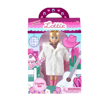 Lottie doll packaging with a doll wearing a white fur coat and pink hat, set against a colorful background.