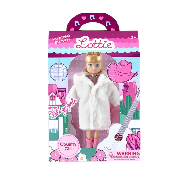 Lottie doll packaging with a doll wearing a white fur coat and pink hat, set against a colorful background.
