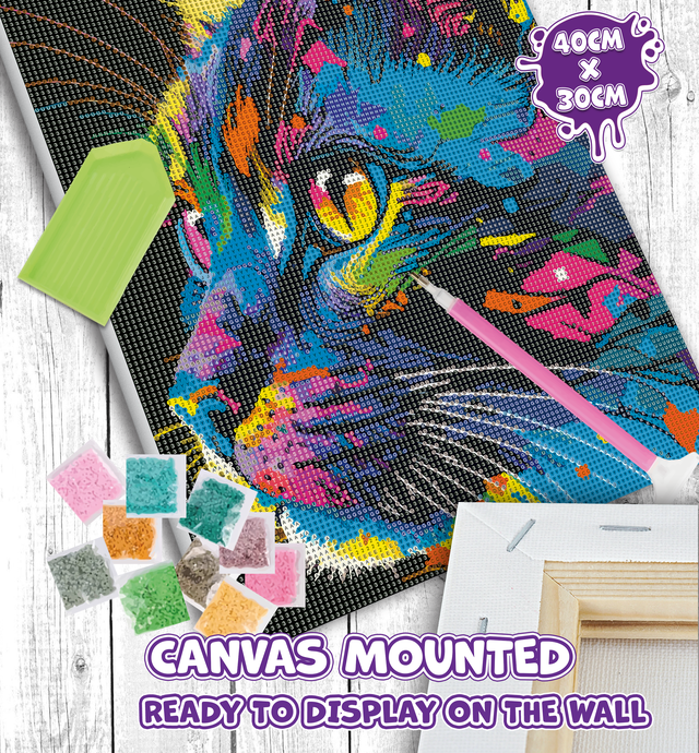 Colorful diamond painting kit with a cat design, tools, and text on a wooden surface.