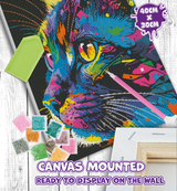 Colorful diamond painting kit with a cat design, tools, and text on a wooden surface.