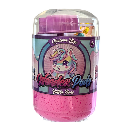 Wonder Pods Butter Stone toy in a clear plastic container with a pink lid and a colorful label featuring a cartoon unicorn.