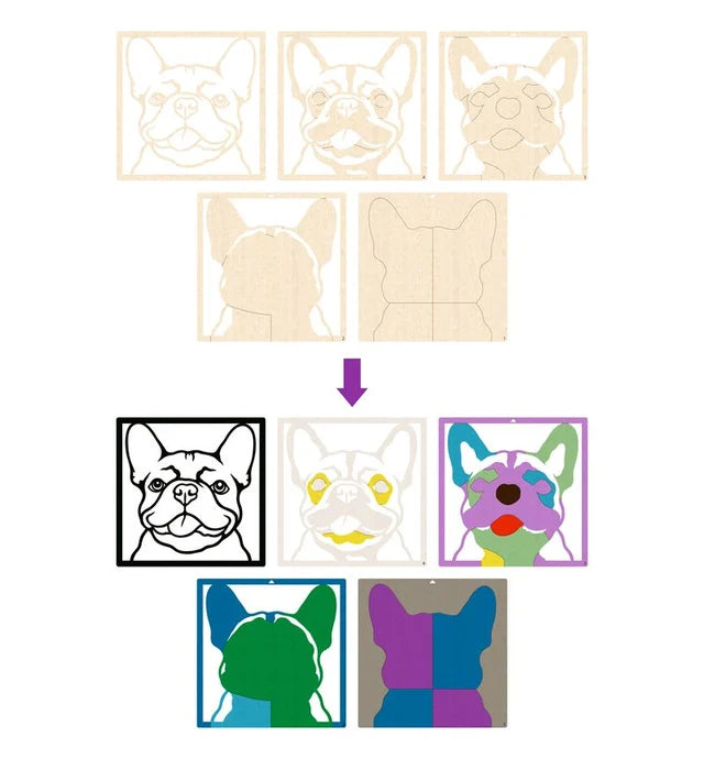 Set of dog-shaped stencils with various designs applied on a white background