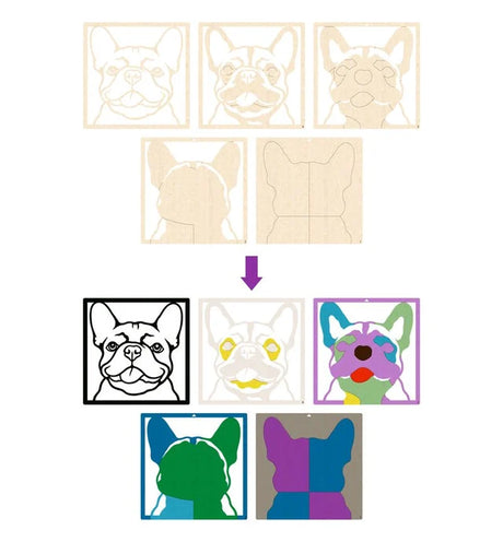 Set of dog-shaped stencils with various designs applied on a white background