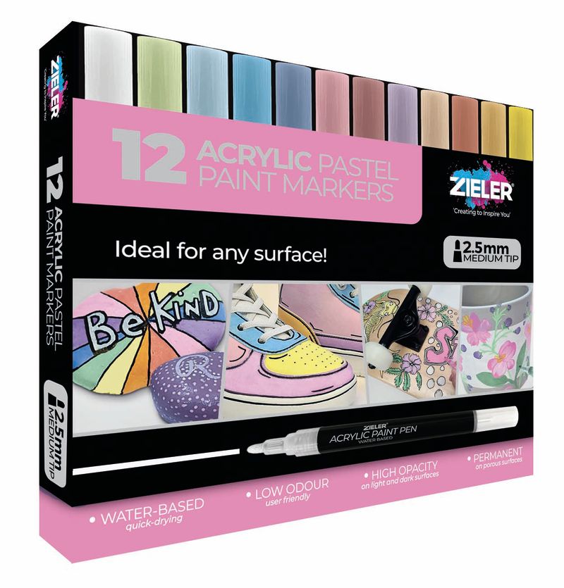 Zieler Acrylic Pastel Paint Pens - Medium Tip (12 Pack)
