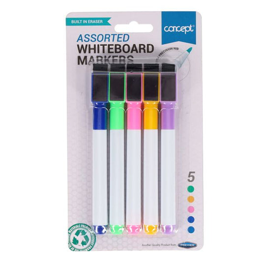 Concept Card 5 Drywipe Markers With Eraser Lid - Coloured