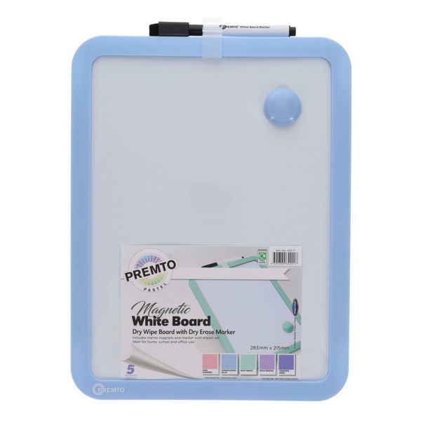 Premto magnetic whiteboard with light blue frame and dry erase marker on a white background