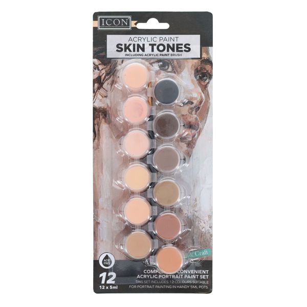 Acrylic Paint Skin Tones & Paint Brush Set (12x5ml)