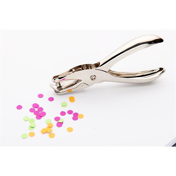 Metal hole punch with colorful paper punches on a white background
