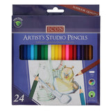 Pack of Icon Artist's Studio Pencils with colorful pencils and branding on a white background